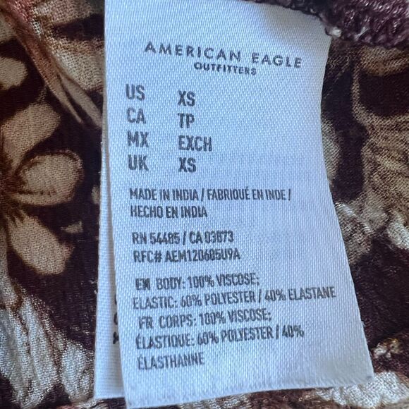 American Eagle Women Top XS Brown Floral Cropped Boho Smocked Peplum Peasant - Picture 7 of 11